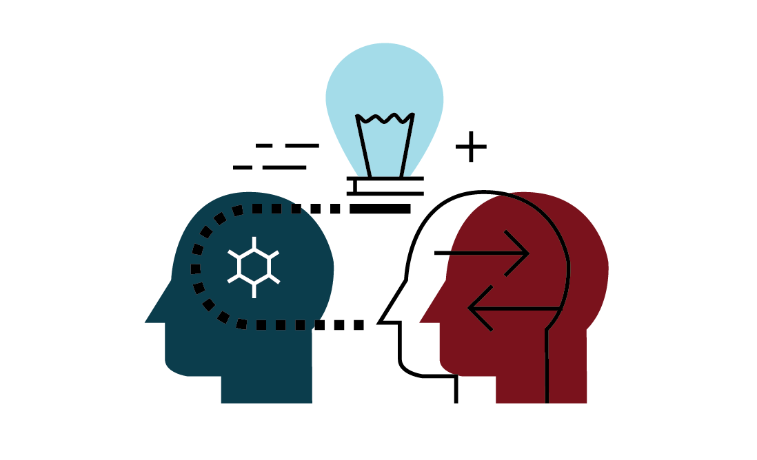 Graphic of flat, stylized heads connected with dotted line, cog, and lightbulb.