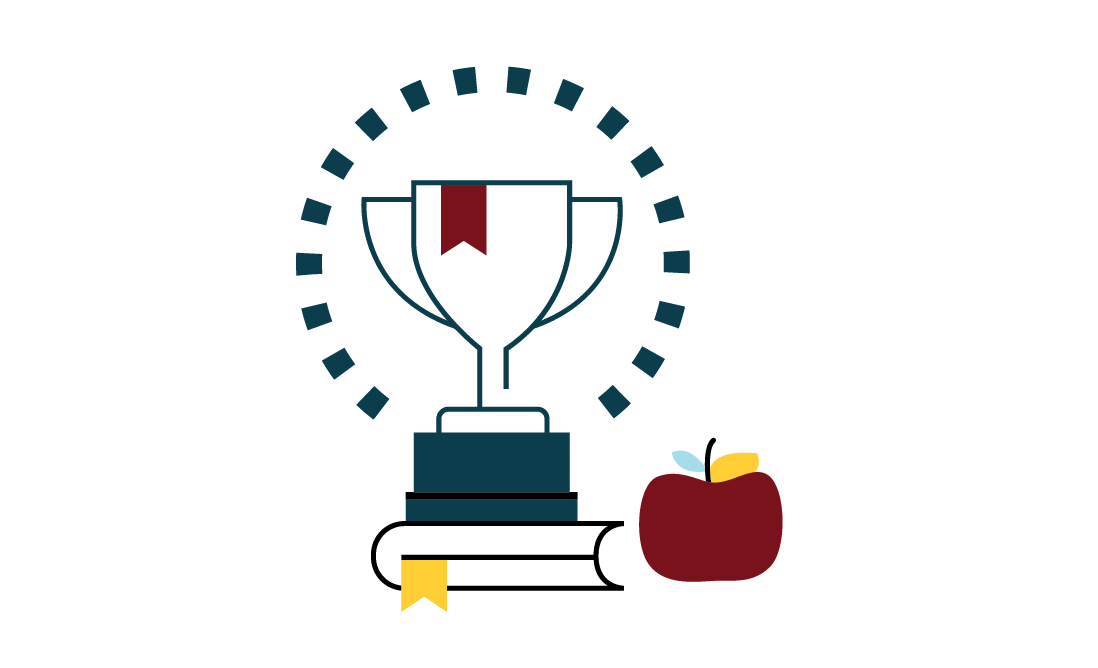 Graphic of trophy on stack of books, apple, circle surrounding objects.